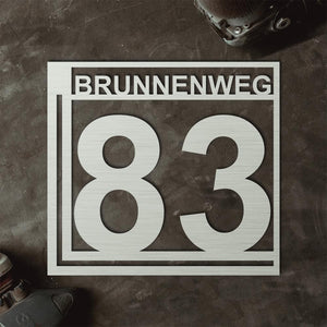Hausnummer Monogramm "Quadrat" aus edlem Stahl mit Familien- oder Straßennamen Craftbrothers 
