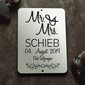 personalisierbare Tafel zur Hochzeit "Mr & Mrs" aus edlem Stahl Tafel Herzau 